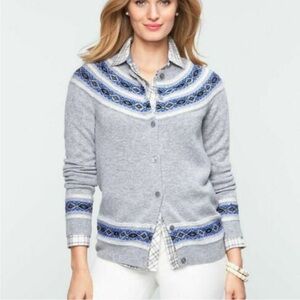 TALBOTS Fair Isle Cardigan Lambs Wool Blend Sweater Gray Blue & White